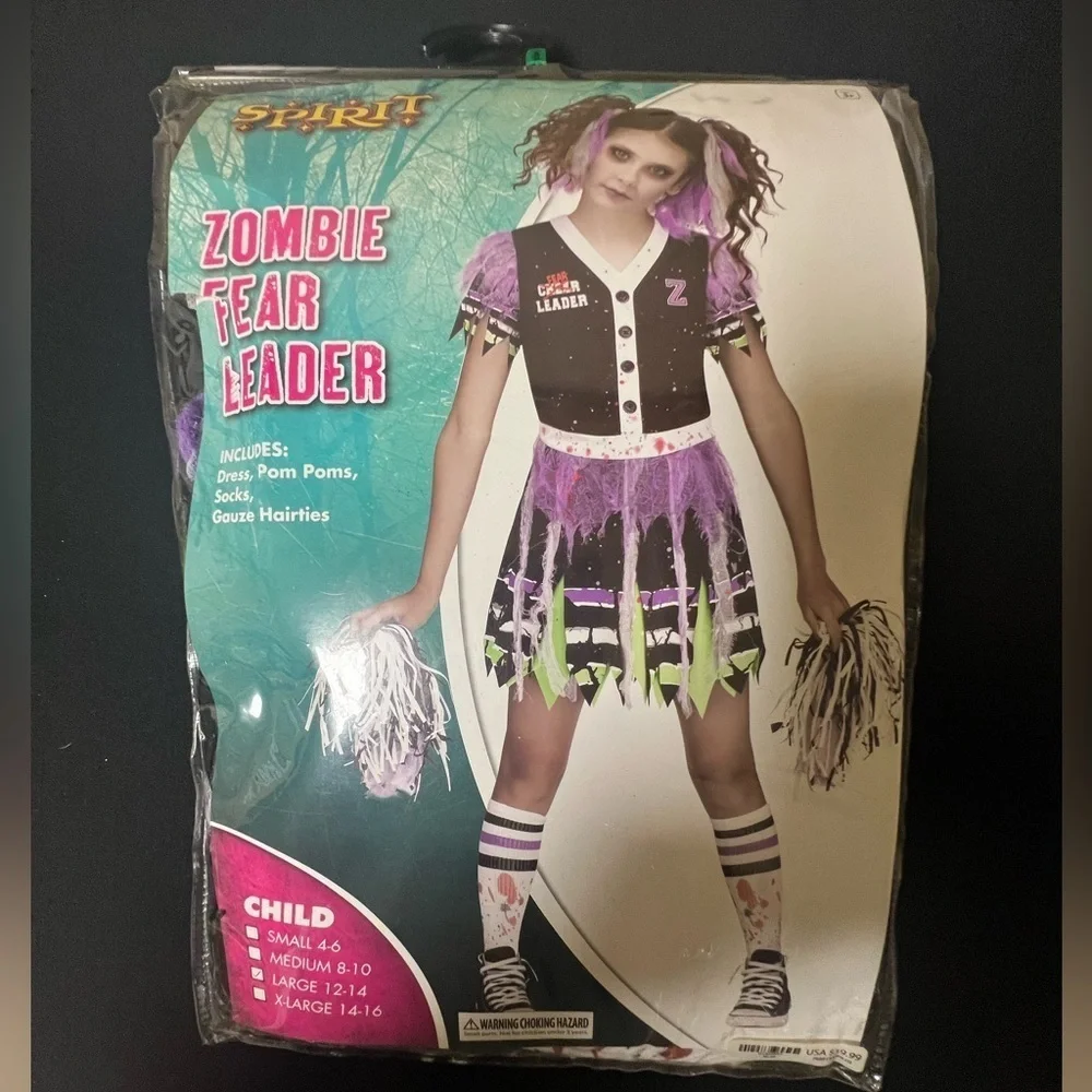HALLOWEEN COSTUME “ZOMBIE FEAR LEADER” GIRLS SIZE LARGE 12-14 BLACK/PURPLE/GREEN